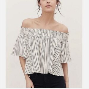 Urban Outfitters Kimchi Beige Black Gray Off-Shoulder Striped Blouse Top S XS